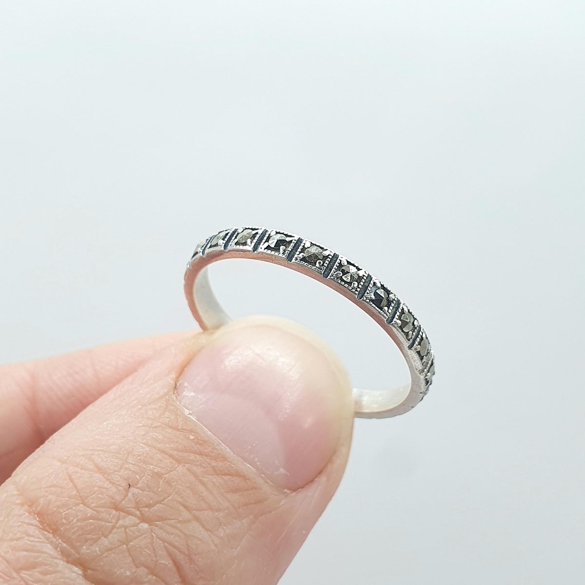 Antique Art Deco Solid Silver Marcasite Eternity Ring Square Shapes Full Band Stacker Stacking Womens Jewelry Jewellery UK R.5 US 8.75