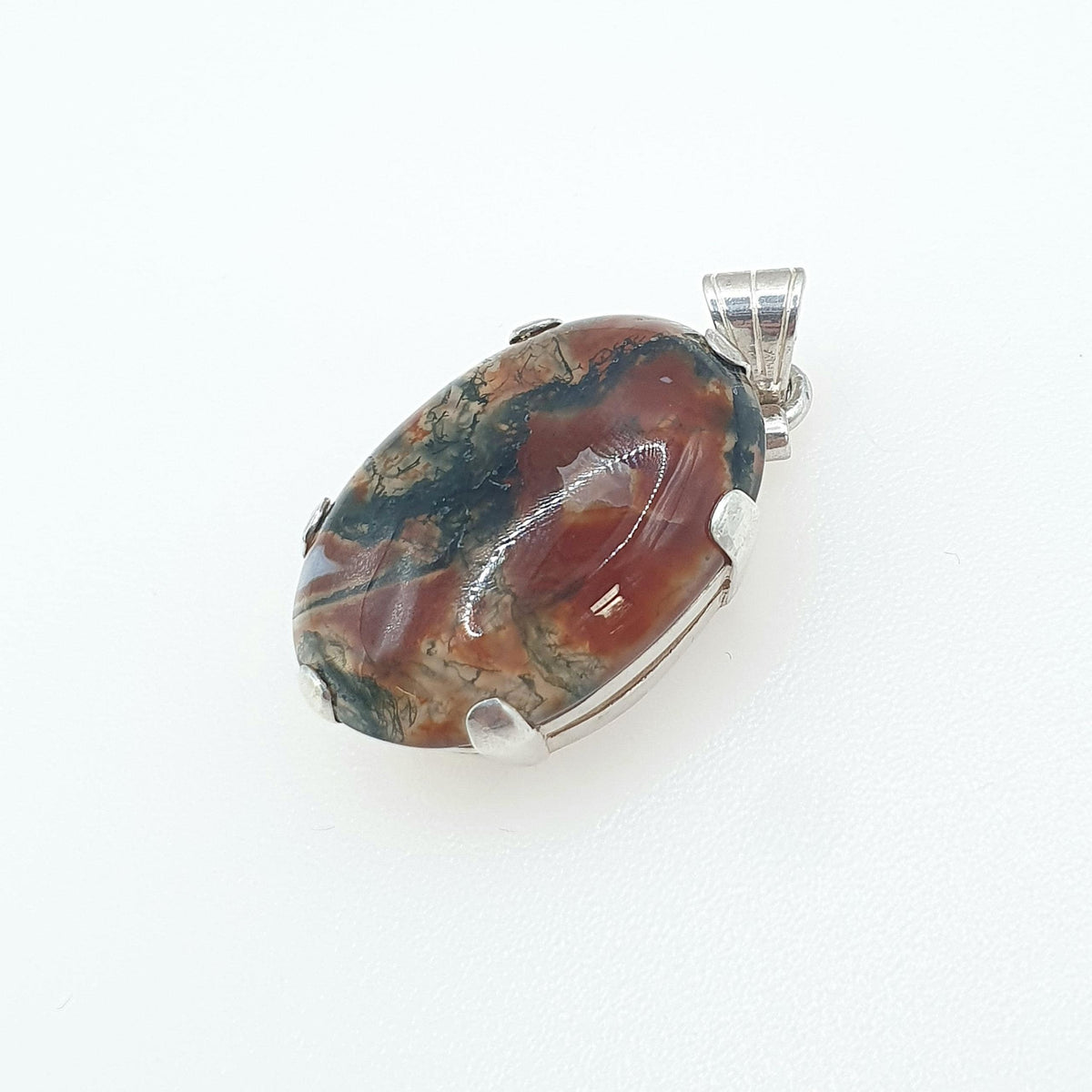 Antique Solid Silver Moss Agate Pendant Art Deco 1920s Vintage Necklace Large Green and Red Veined Vintage Womens Jewellery Jewelery