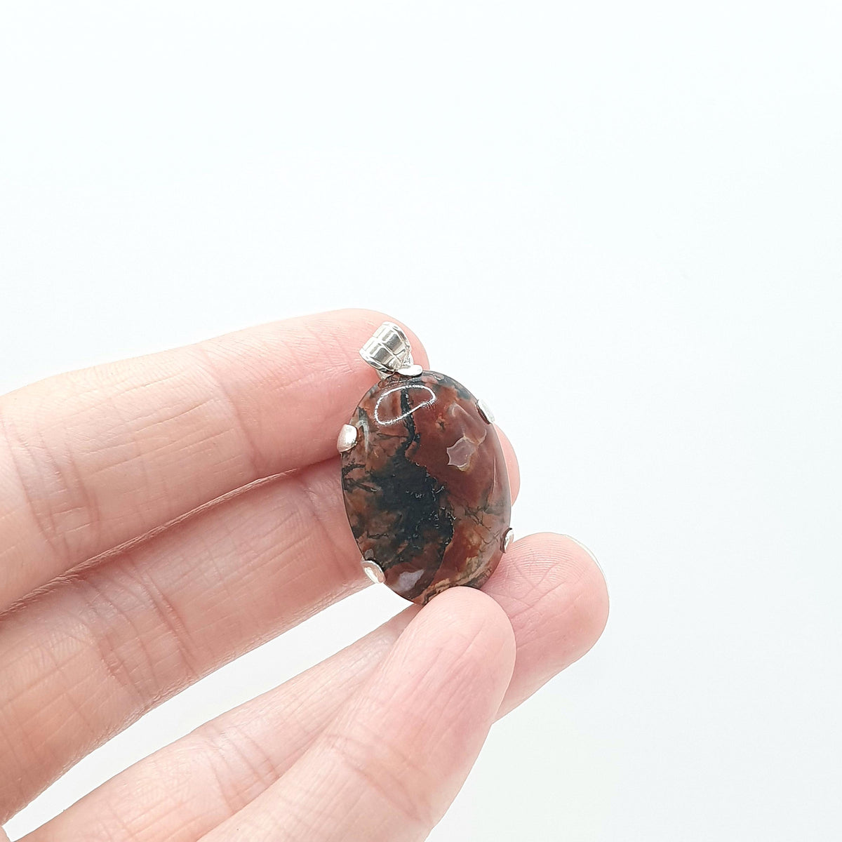 Antique Solid Silver Moss Agate Pendant Art Deco 1920s Vintage Necklace Large Green and Red Veined Vintage Womens Jewellery Jewelery