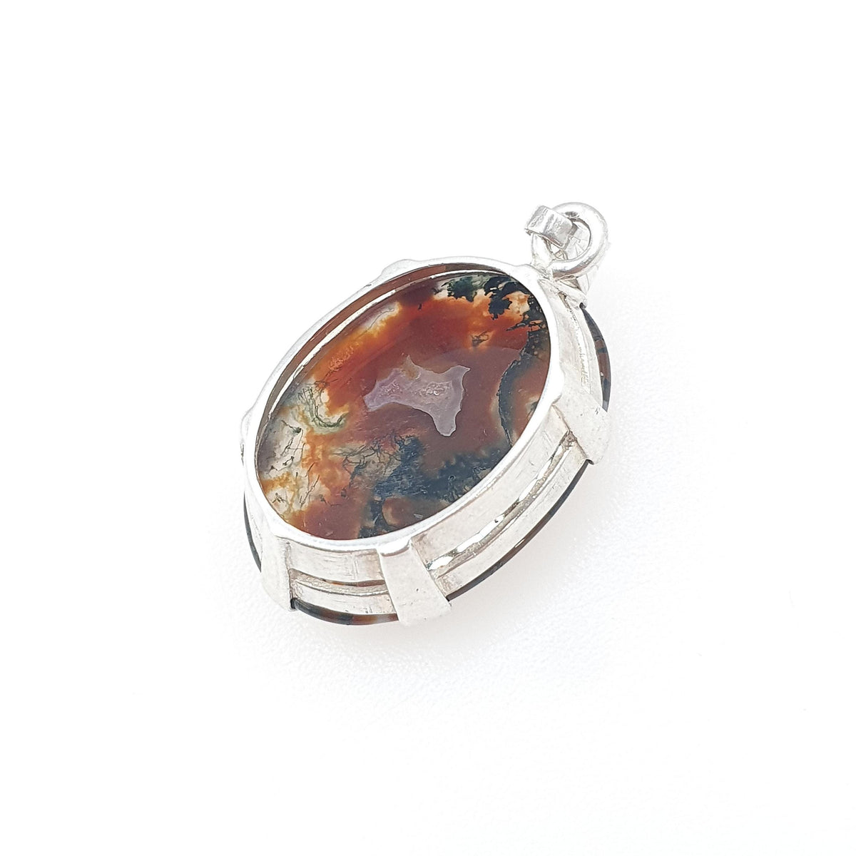 Antique Solid Silver Moss Agate Pendant Art Deco 1920s Vintage Necklace Large Green and Red Veined Vintage Womens Jewellery Jewelery
