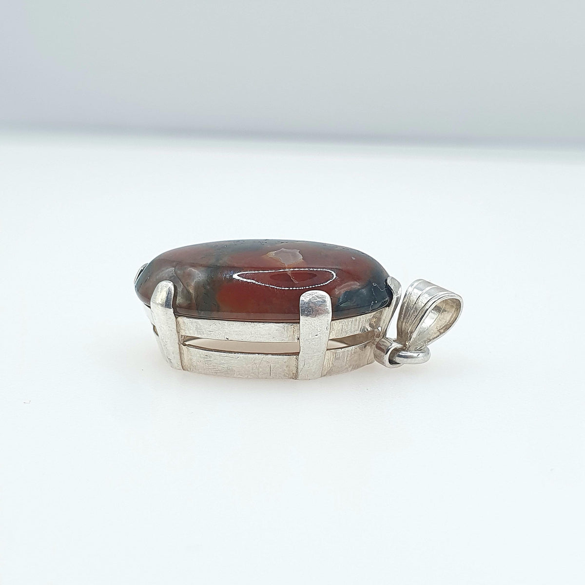 Antique Solid Silver Moss Agate Pendant Art Deco 1920s Vintage Necklace Large Green and Red Veined Vintage Womens Jewellery Jewelery