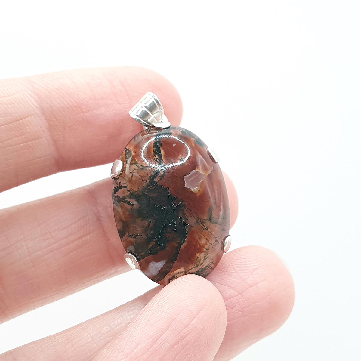 Antique Solid Silver Moss Agate Pendant Art Deco 1920s Vintage Necklace Large Green and Red Veined Vintage Womens Jewellery Jewelery