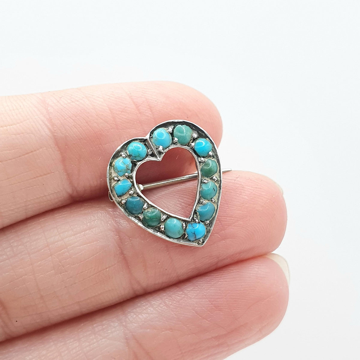 Antique Victorian Solid Silver Turquoise Heart Brooch Natural Gemstones Love Sweetheart Womens Jewelry Jewellery Vintage