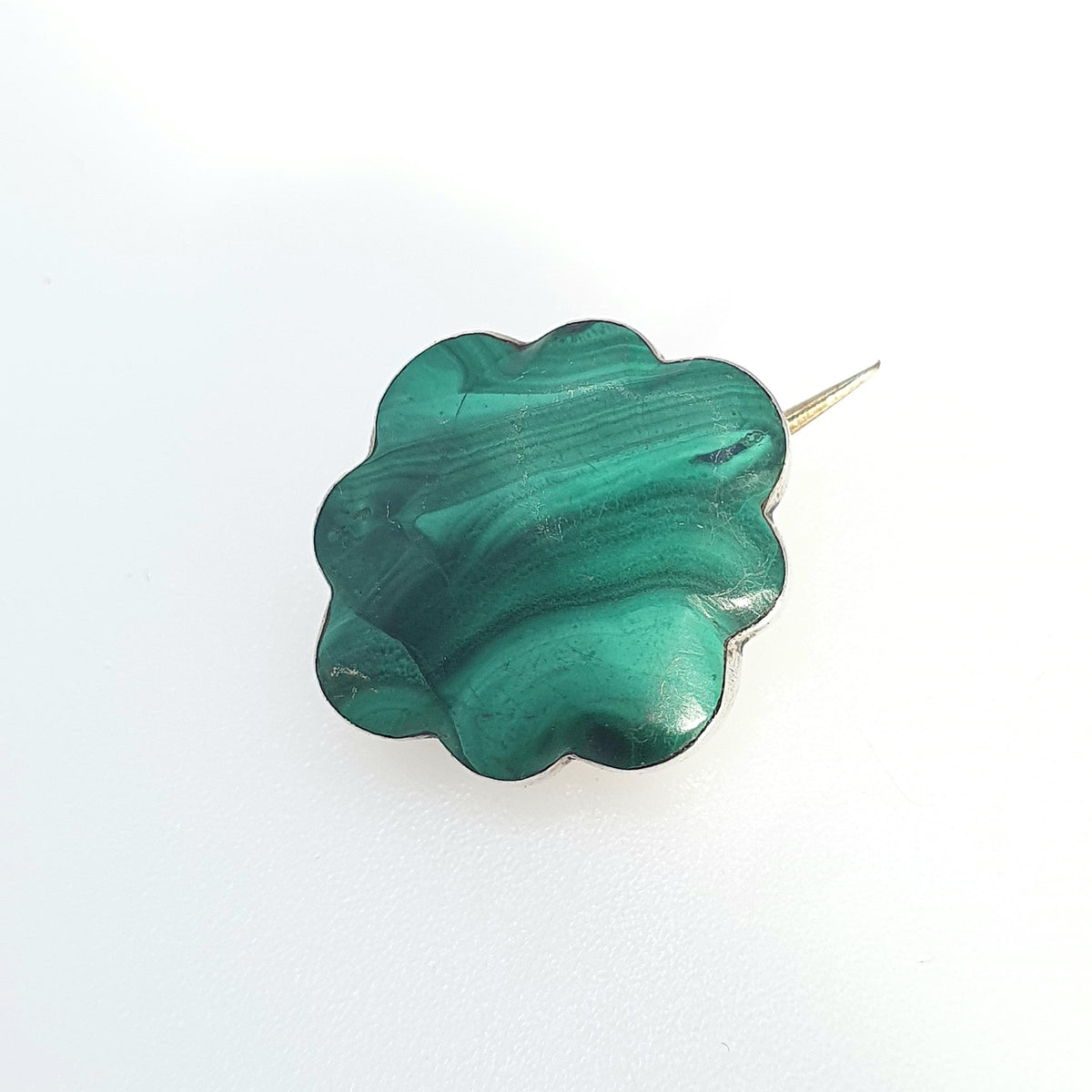 Antique Victorian Solid Silver Malachite Brooch Pin Green Banded Gemstone Cloud Shape Vintage Womens Jewelry Jewellery