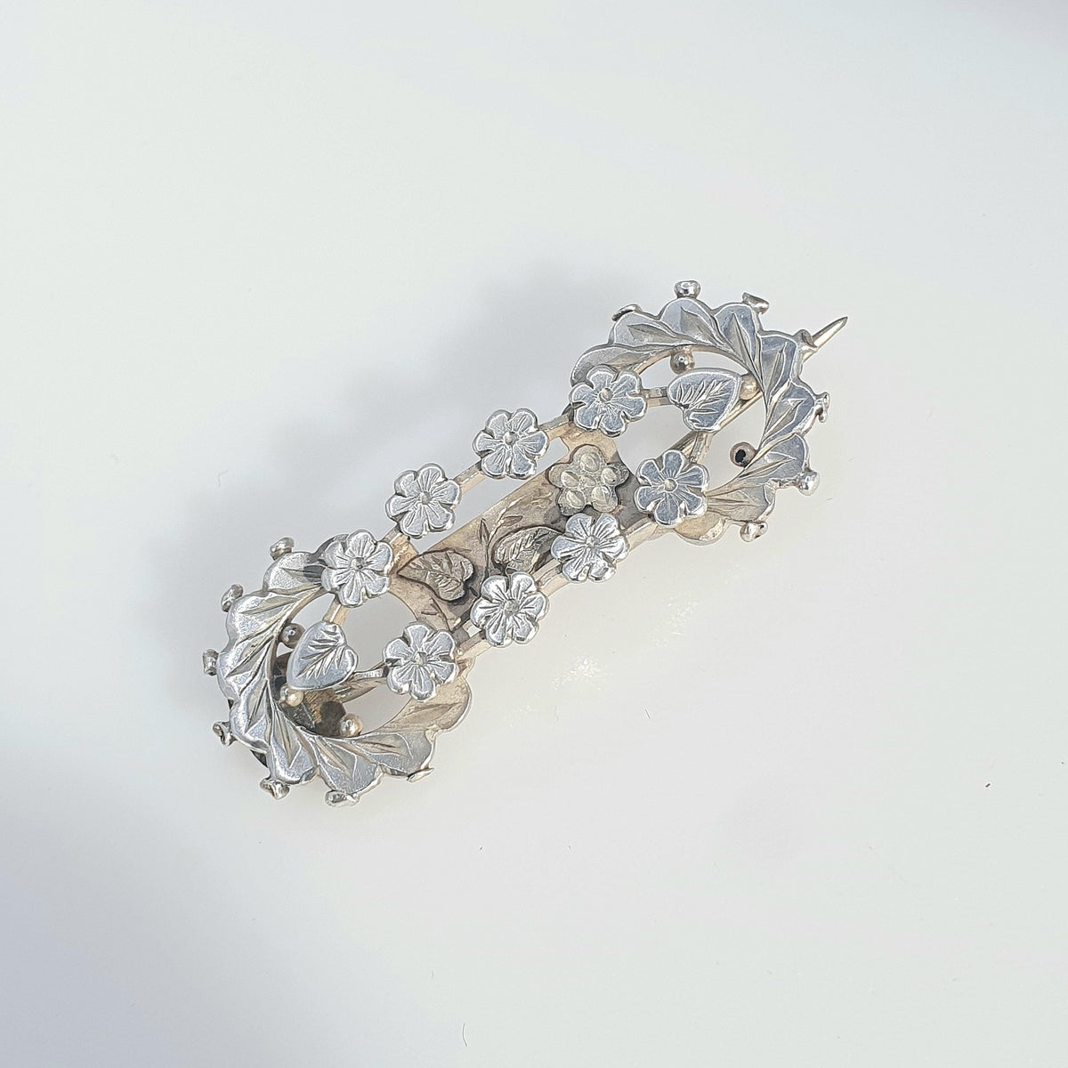 Antique Victorian Sterling Silver Sweetheart Brooch 1895 Hallmark Flower Leaf Design Pin Love Gift Women Jewellery Jewelry Vintage