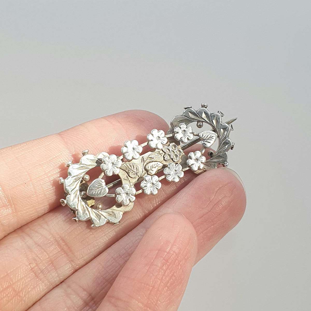 Antique Victorian Sterling Silver Sweetheart Brooch 1895 Hallmark Flower Leaf Design Pin Love Gift Women Jewellery Jewelry Vintage