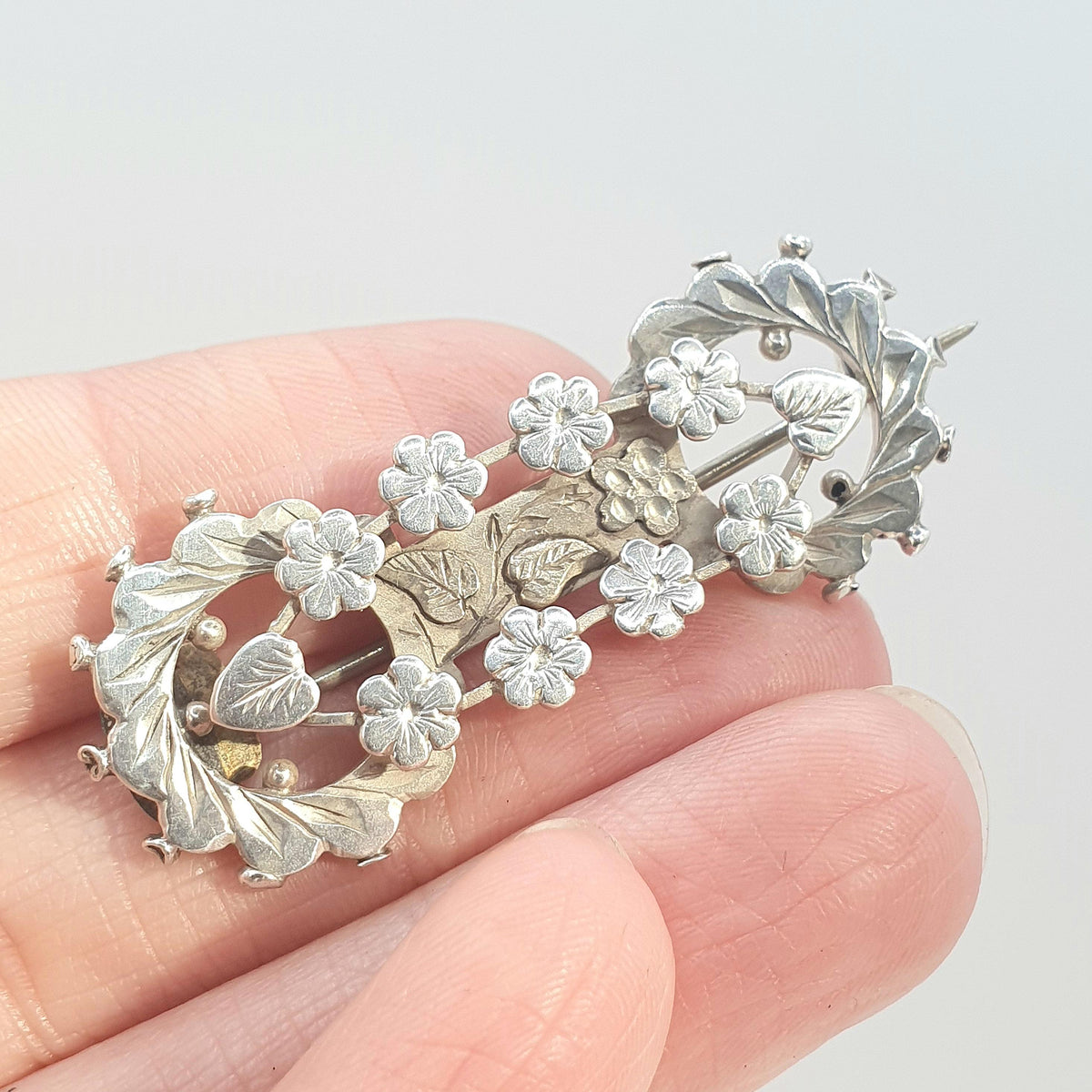 Antique Victorian Sterling Silver Sweetheart Brooch 1895 Hallmark Flower Leaf Design Pin Love Gift Women Jewellery Jewelry Vintage
