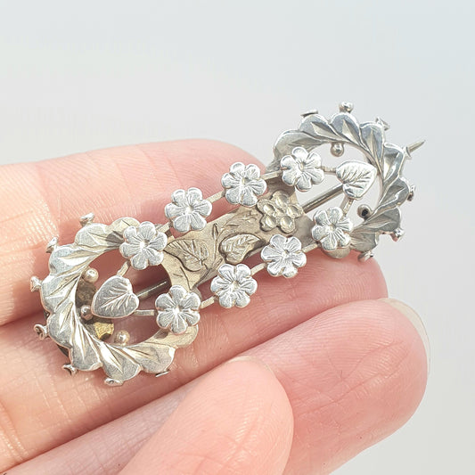 Antique Victorian Sterling Silver Sweetheart Brooch 1895 Hallmark Flower Leaf Design Pin Love Gift Women Jewellery Jewelry Vintage