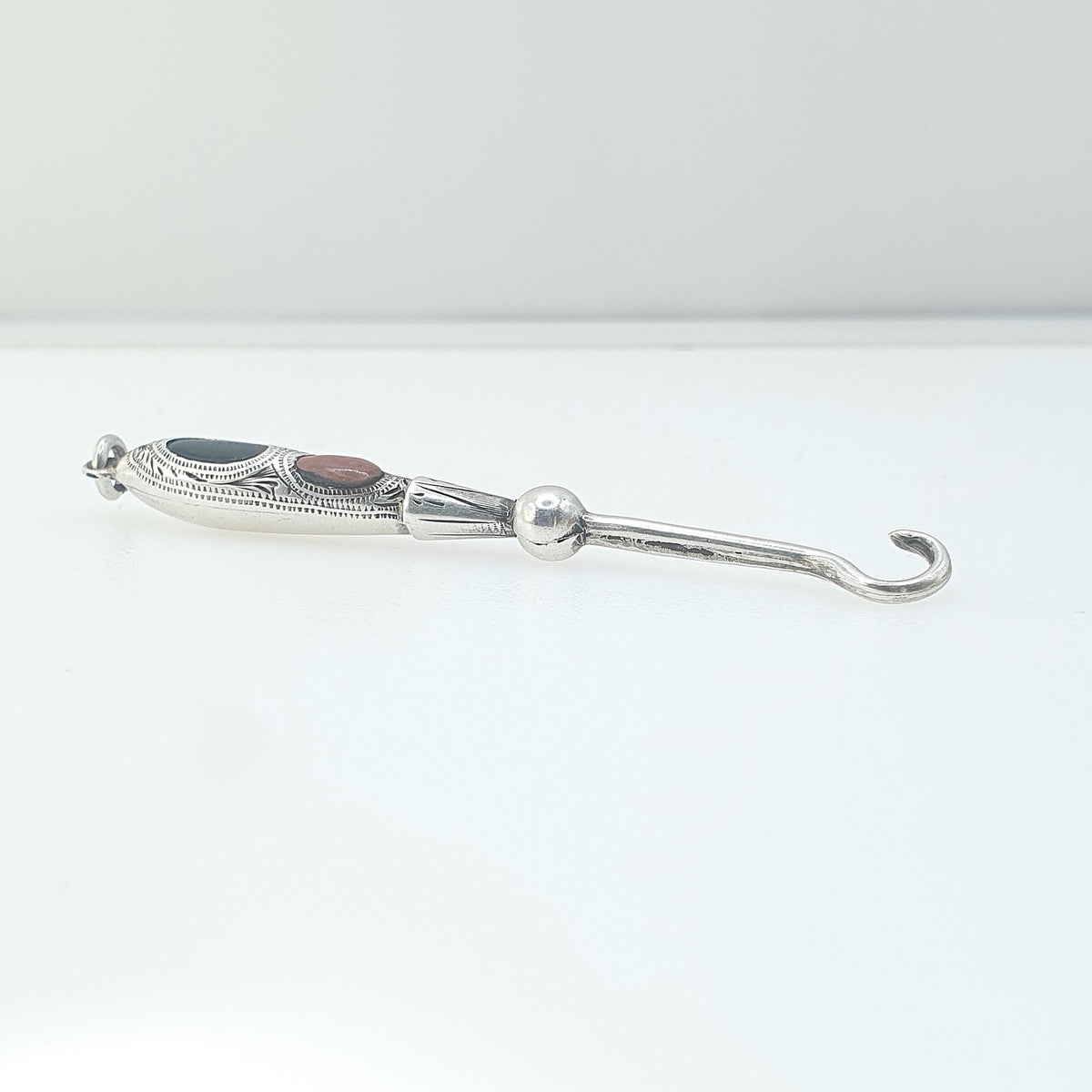 Antique Victorian Sterling Silver Bloodstone Buttonhook Pendant Necklace 1900 Button Hook Hallmark Red Jasper Scottish Vintage