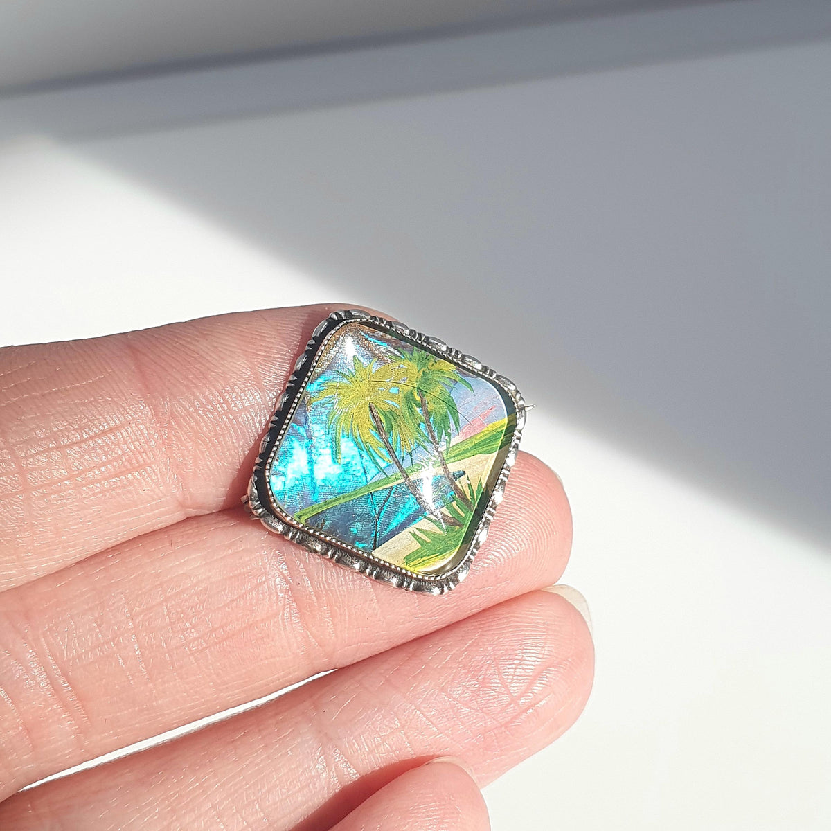 Antique Sterling Silver Butterfly Wing Brooch Palm Tree Beach Scene TLM Thomas L Mott Handpainted Exotic Jewelry Vintage Insect Jewellery