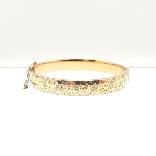 Old Vintage 9ct 9k Gold Metal Core Bangle Bracelet Snap Engraved 1/5th 9kt 14.79g Heavy Thick Rolled Gold Womens Jewelry Jewellery