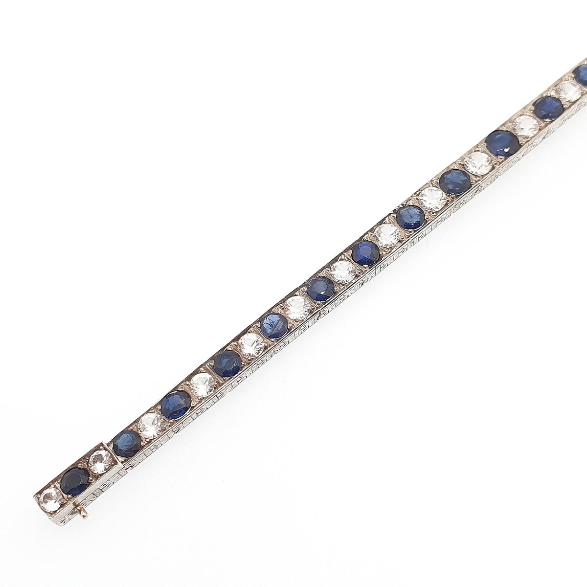 Antique Solid Silver Sapphire Line Bracelet Tennis Genuine Blue & White Gemstones Art Deco Tennis Link 1920s Vintage Jewelry Jewellery