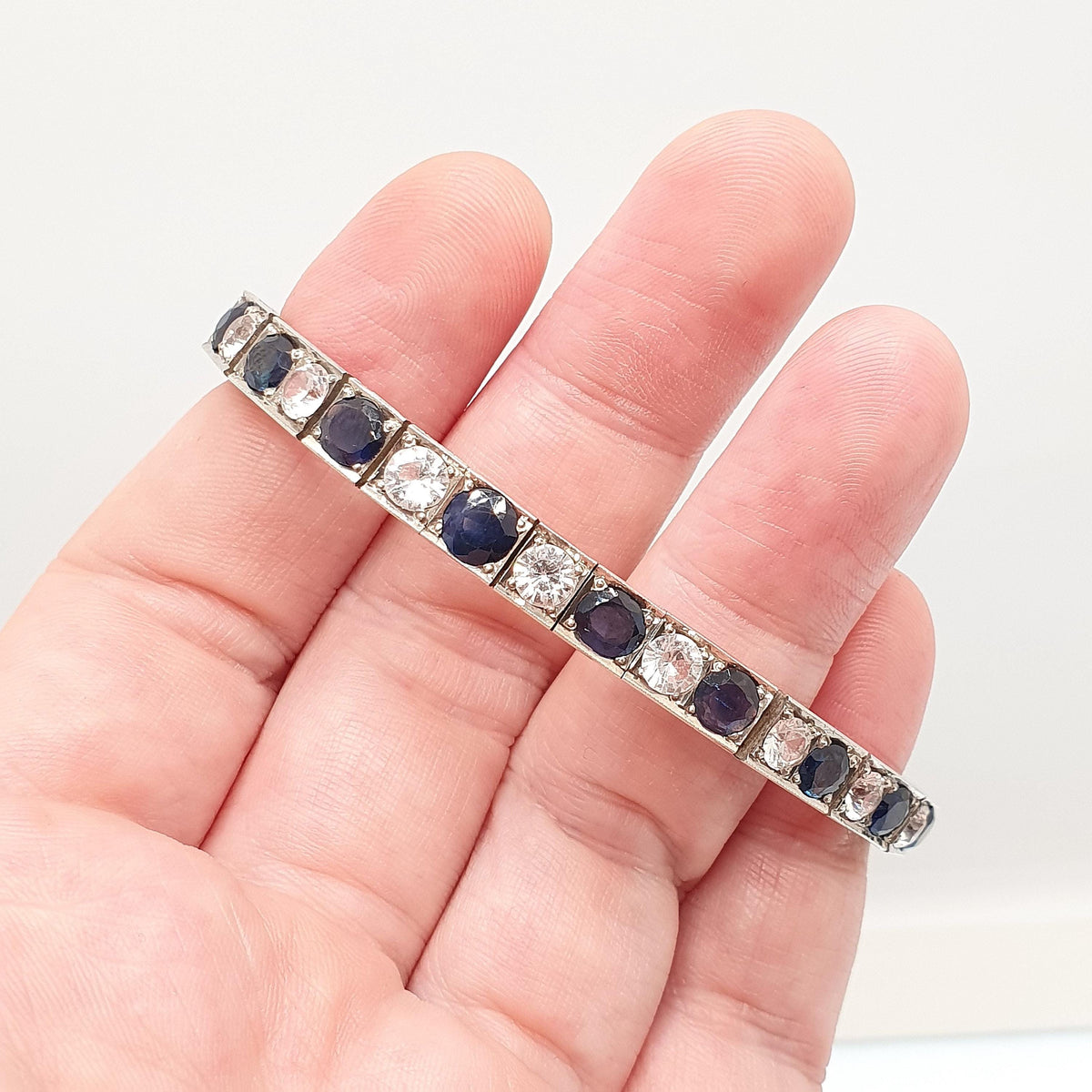 Antique Solid Silver Sapphire Line Bracelet Tennis Genuine Blue & White Gemstones Art Deco Tennis Link 1920s Vintage Jewelry Jewellery