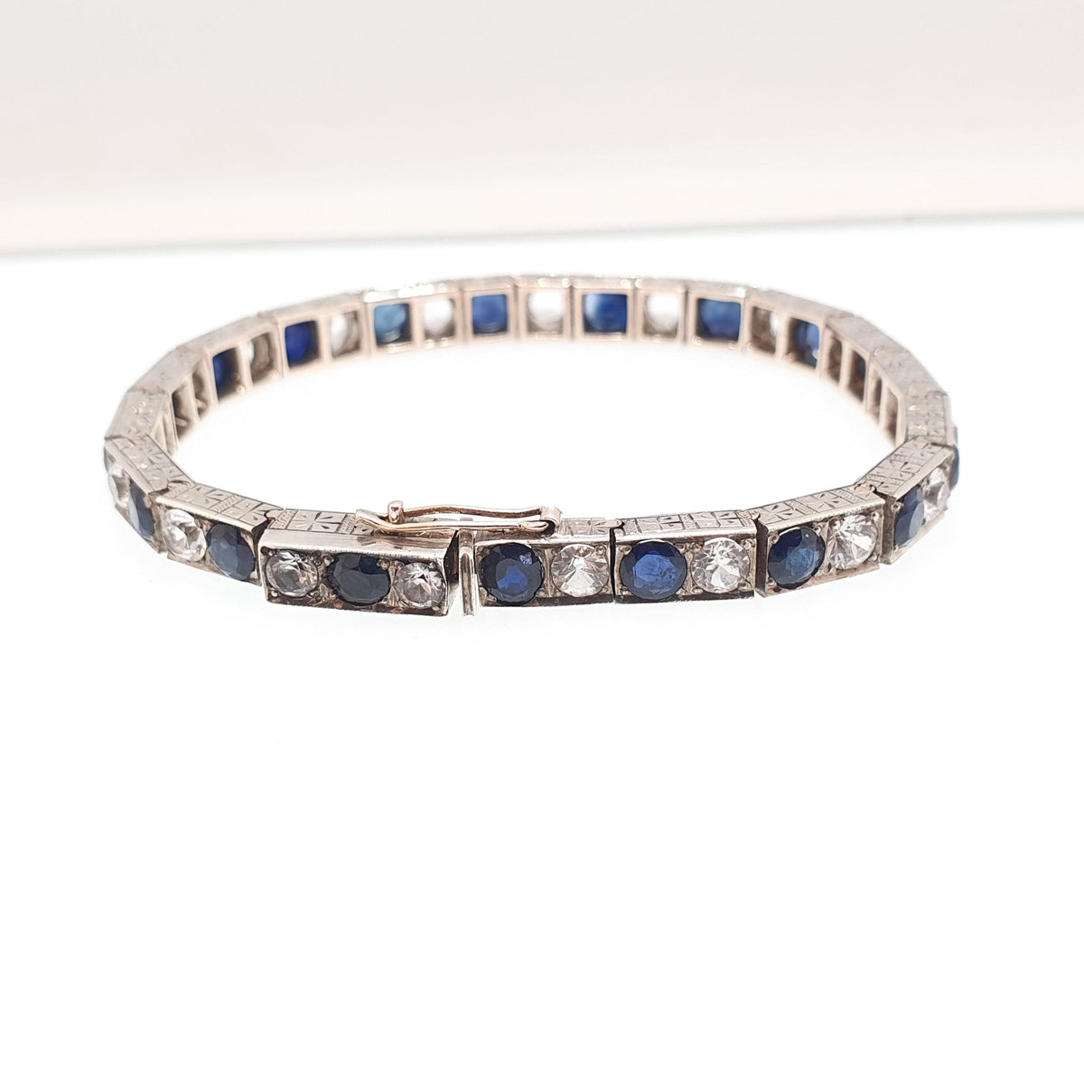 Antique Solid Silver Sapphire Line Bracelet Tennis Genuine Blue & White Gemstones Art Deco Tennis Link 1920s Vintage Jewelry Jewellery