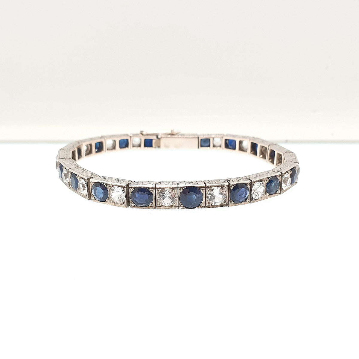 Antique Solid Silver Sapphire Line Bracelet Tennis Genuine Blue & White Gemstones Art Deco Tennis Link 1920s Vintage Jewelry Jewellery