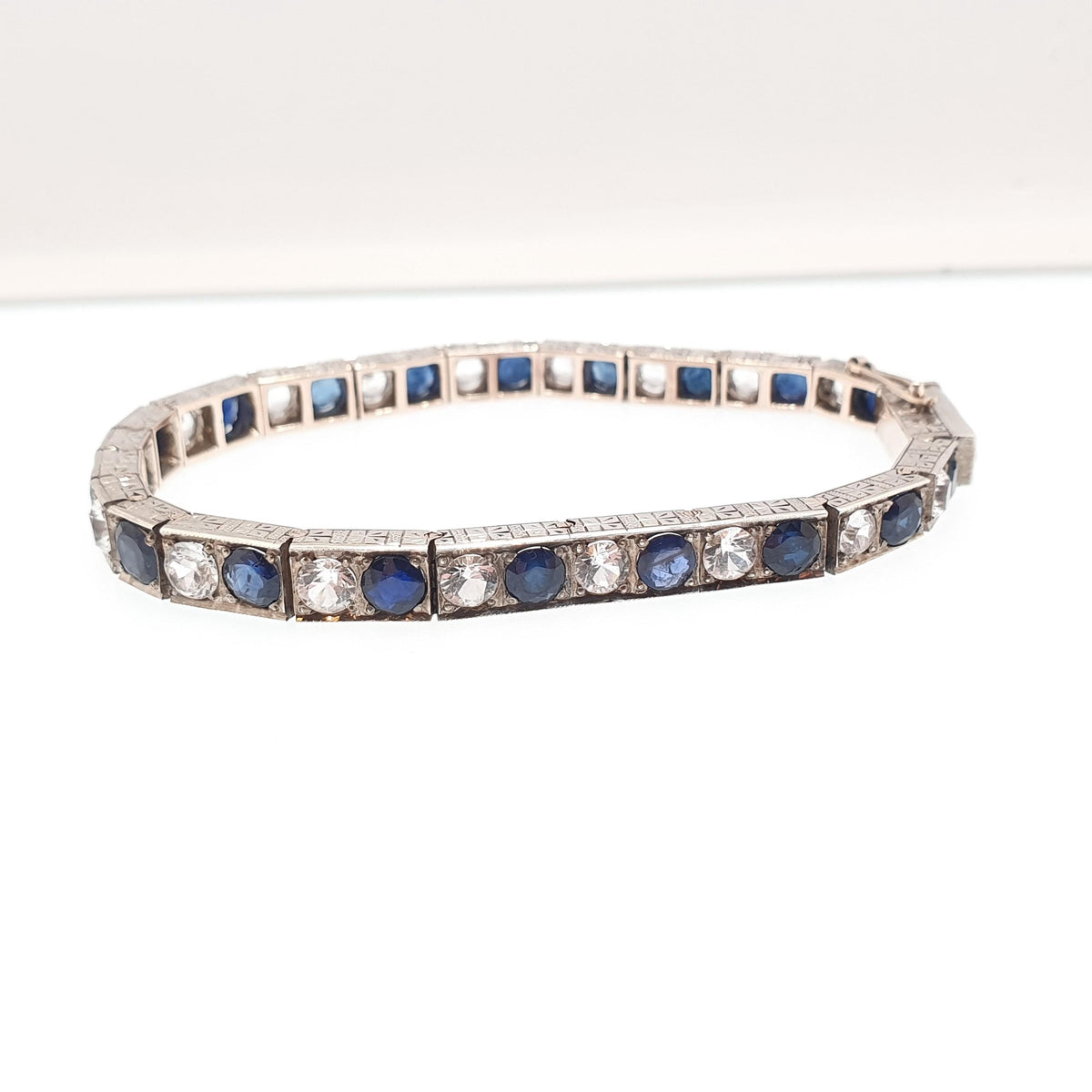 Antique Solid Silver Sapphire Line Bracelet Tennis Genuine Blue & White Gemstones Art Deco Tennis Link 1920s Vintage Jewelry Jewellery