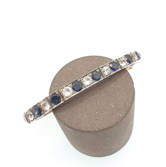 Antique Solid Silver Sapphire Line Bracelet Tennis Genuine Blue & White Gemstones Art Deco Tennis Link 1920s Vintage Jewelry Jewellery