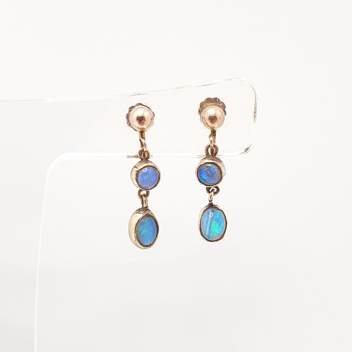 Antique 14k 14kt Gold Opal Earrings Dangle Drop Solid 9ct 9k 9kt Gold Screw Backs Double Gemstone  Vintage Jewelry Jewellery