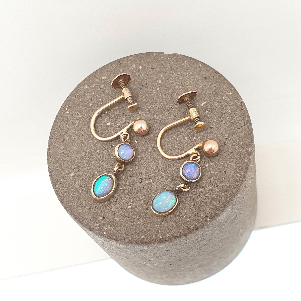 Antique 14k 14kt Gold Opal Earrings Dangle Drop Solid 9ct 9k 9kt Gold Screw Backs Double Gemstone  Vintage Jewelry Jewellery