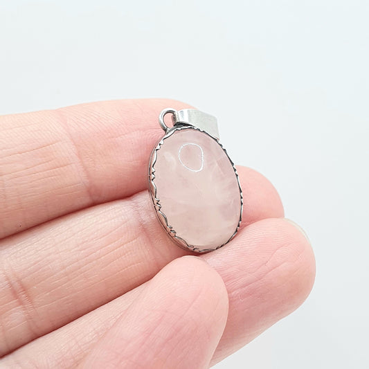 Antique Solid Silver Rose Quartz Pendant Necklace Art Deco Pink Quartz Patterned Border Vintage Womens Jewelry Jewellery