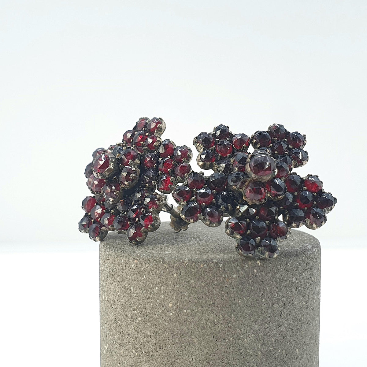 Antique Victorian Bohemian Garnet Earrings Large Flower Cluster Solid Silver Screw Backs Womens Vintage Pyrope Jewelry Jewellery