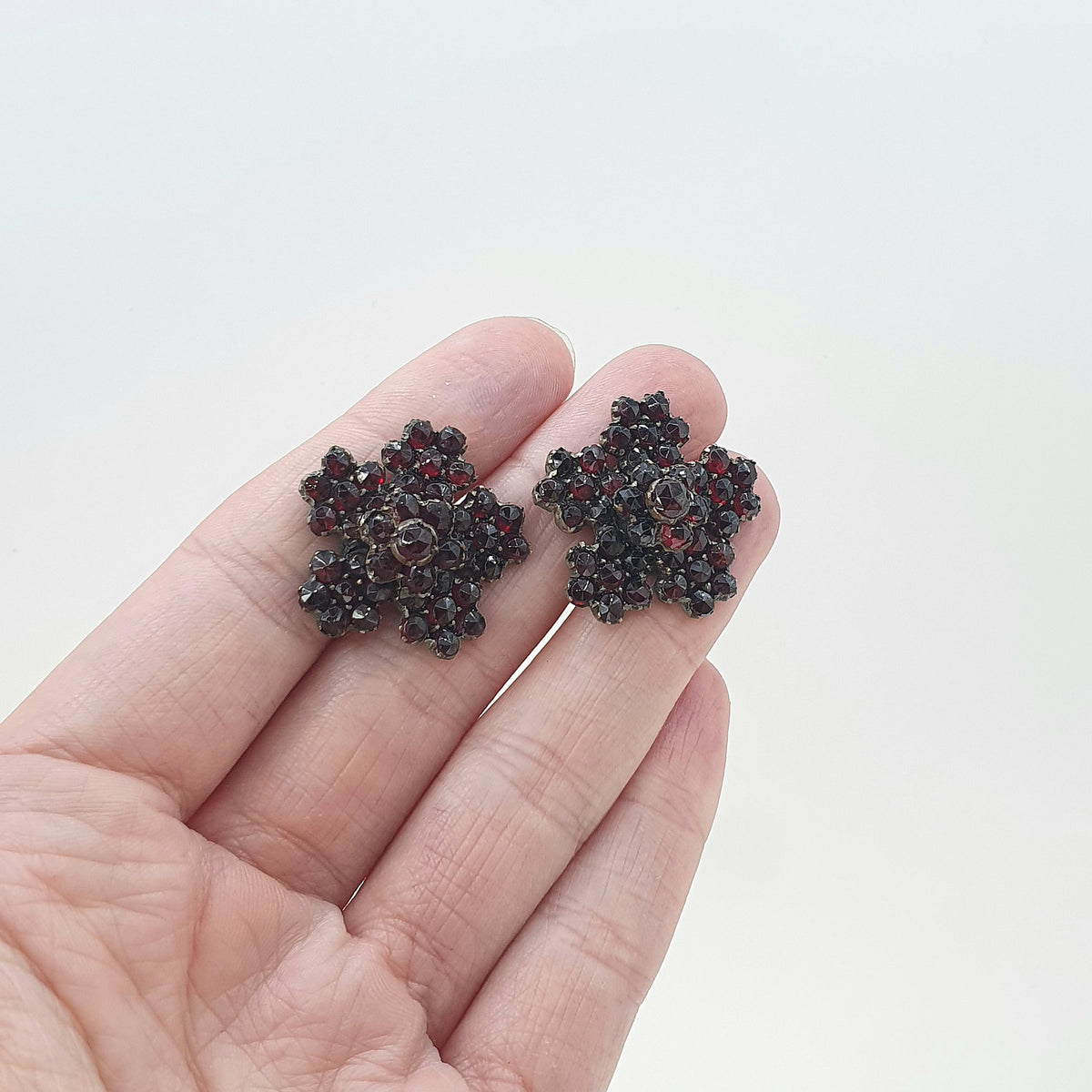 Antique Victorian Bohemian Garnet Earrings Large Flower Cluster Solid Silver Screw Backs Womens Vintage Pyrope Jewelry Jewellery