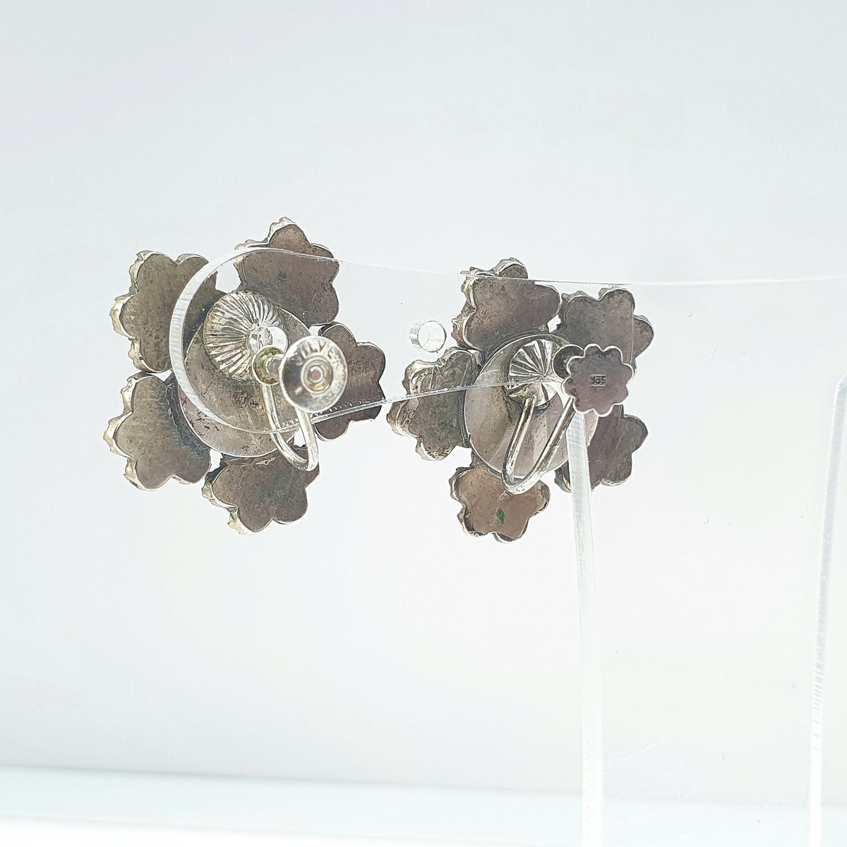 Antique Victorian Bohemian Garnet Earrings Large Flower Cluster Solid Silver Screw Backs Womens Vintage Pyrope Jewelry Jewellery