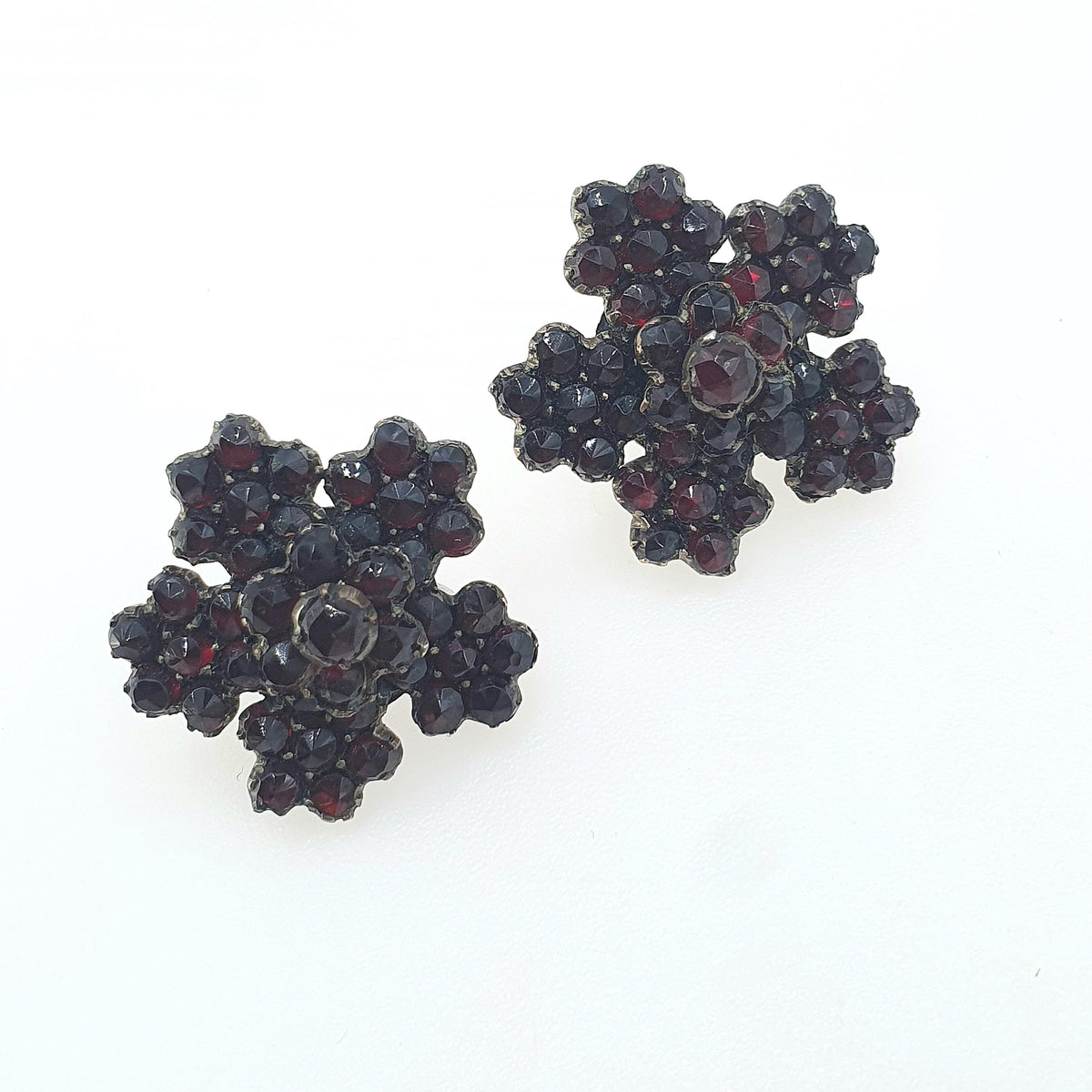 Antique Victorian Bohemian Garnet Earrings Large Flower Cluster Solid Silver Screw Backs Womens Vintage Pyrope Jewelry Jewellery