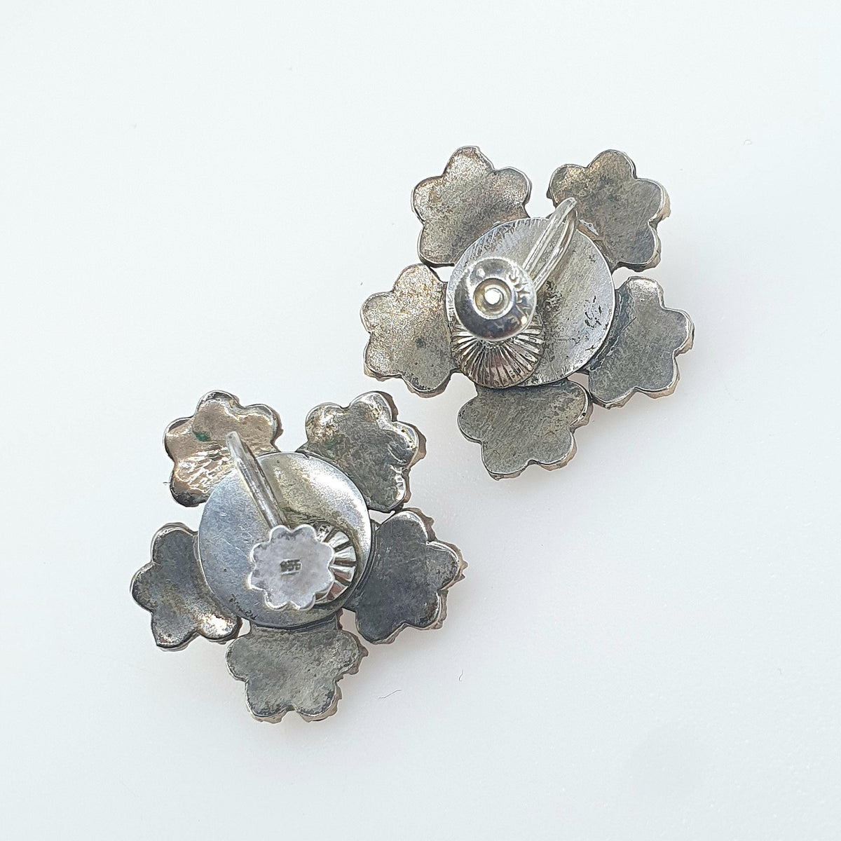 Antique Victorian Bohemian Garnet Earrings Large Flower Cluster Solid Silver Screw Backs Womens Vintage Pyrope Jewelry Jewellery
