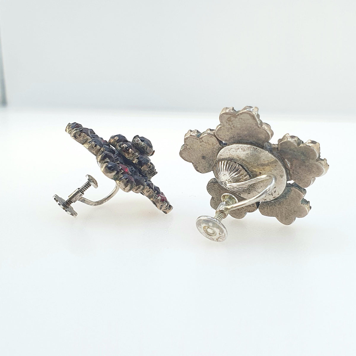 Antique Victorian Bohemian Garnet Earrings Large Flower Cluster Solid Silver Screw Backs Womens Vintage Pyrope Jewelry Jewellery