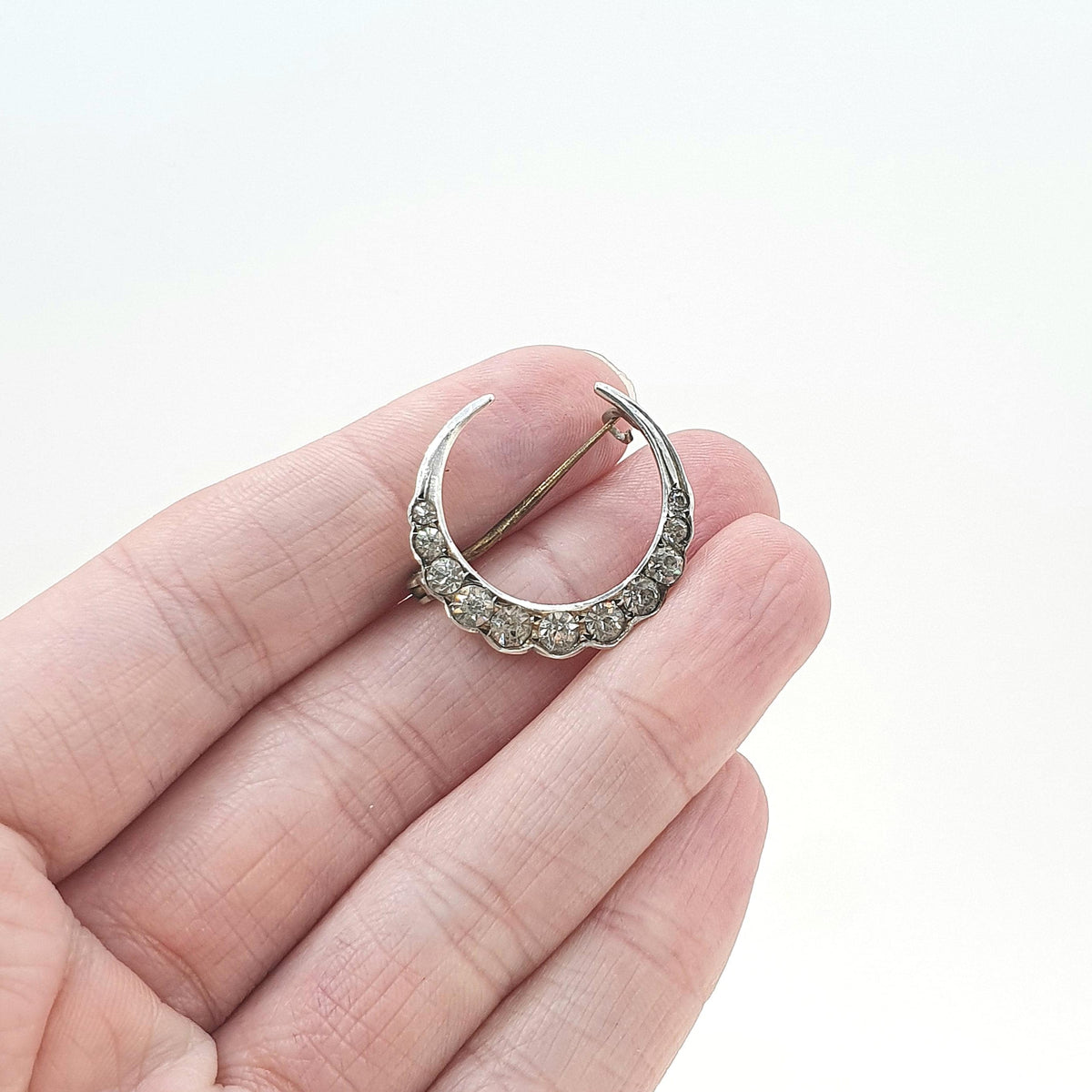 Antique Victorian Solid Silver Diamond Paste Crescent Moon Brooch Pin Celestial Vintage Womens Jewelry Jewellery