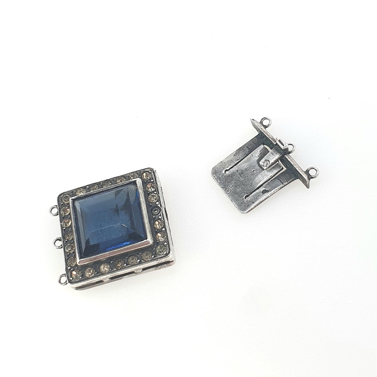 Antique Art Deco Solid Silver Sapphire & Diamond Paste Clasp Triple Three Strand Square Vintage Jewelry Jewellery Womens