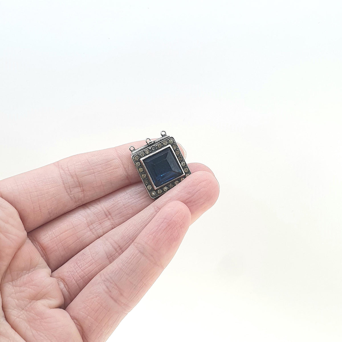 Antique Art Deco Solid Silver Sapphire & Diamond Paste Clasp Triple Three Strand Square Vintage Jewelry Jewellery Womens