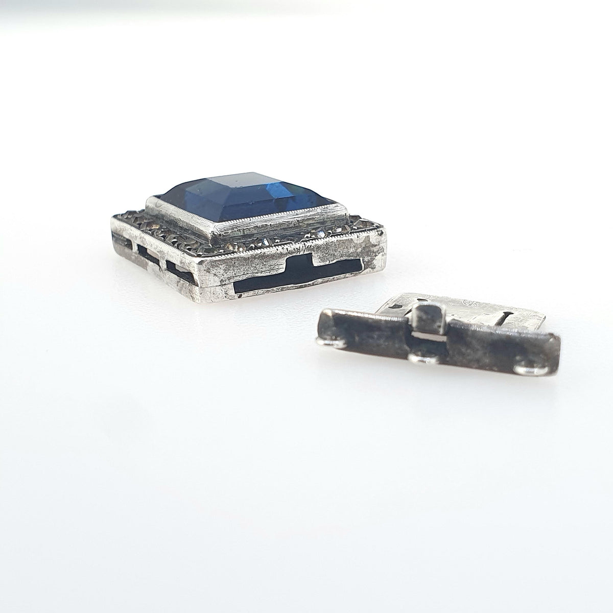 Antique Art Deco Solid Silver Sapphire & Diamond Paste Clasp Triple Three Strand Square Vintage Jewelry Jewellery Womens