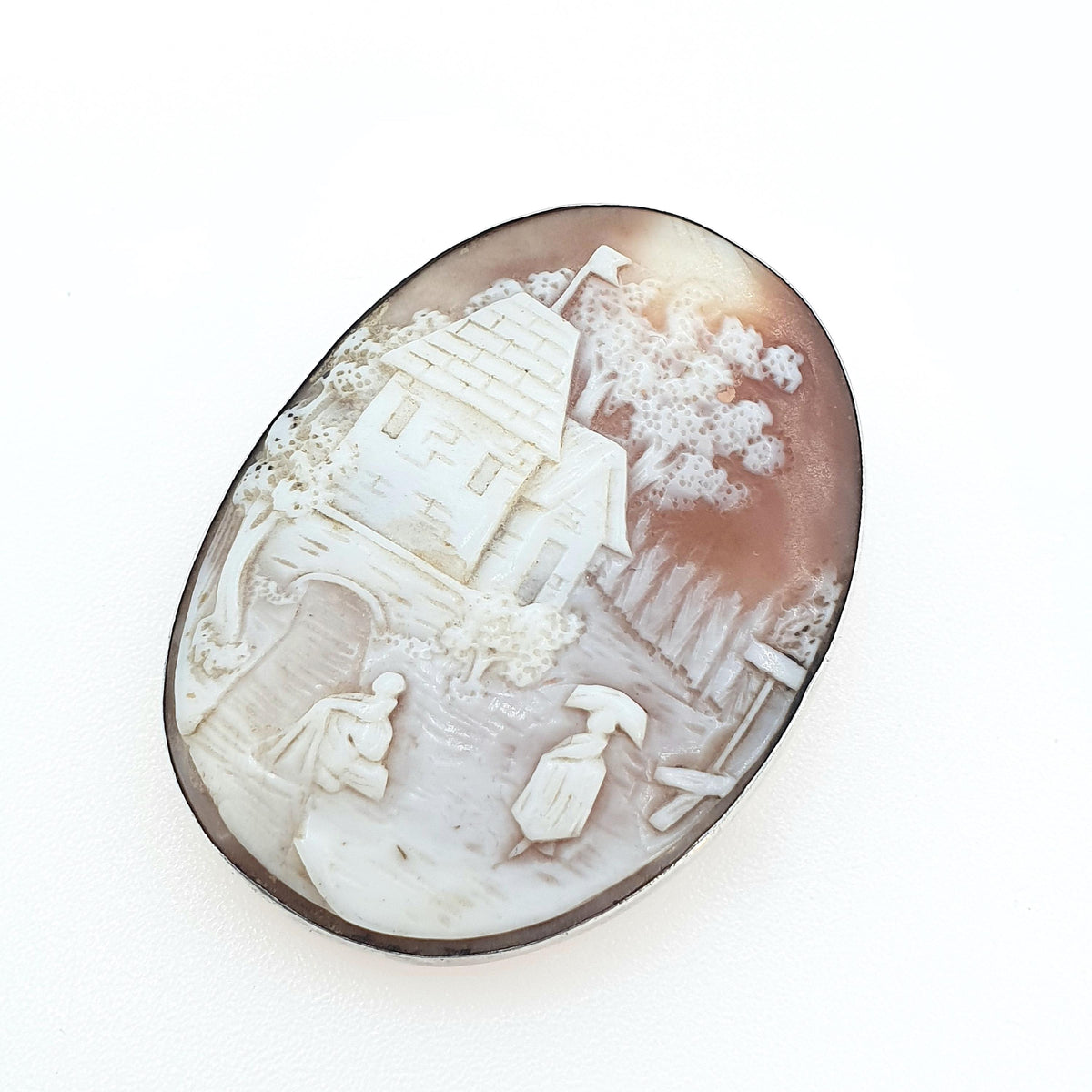 Antique Victorian Solid Silver Lady and River Cameo Brooch Scenic Building Mill Hand Carved Shell Vintage Womens Jewellery Jewelry