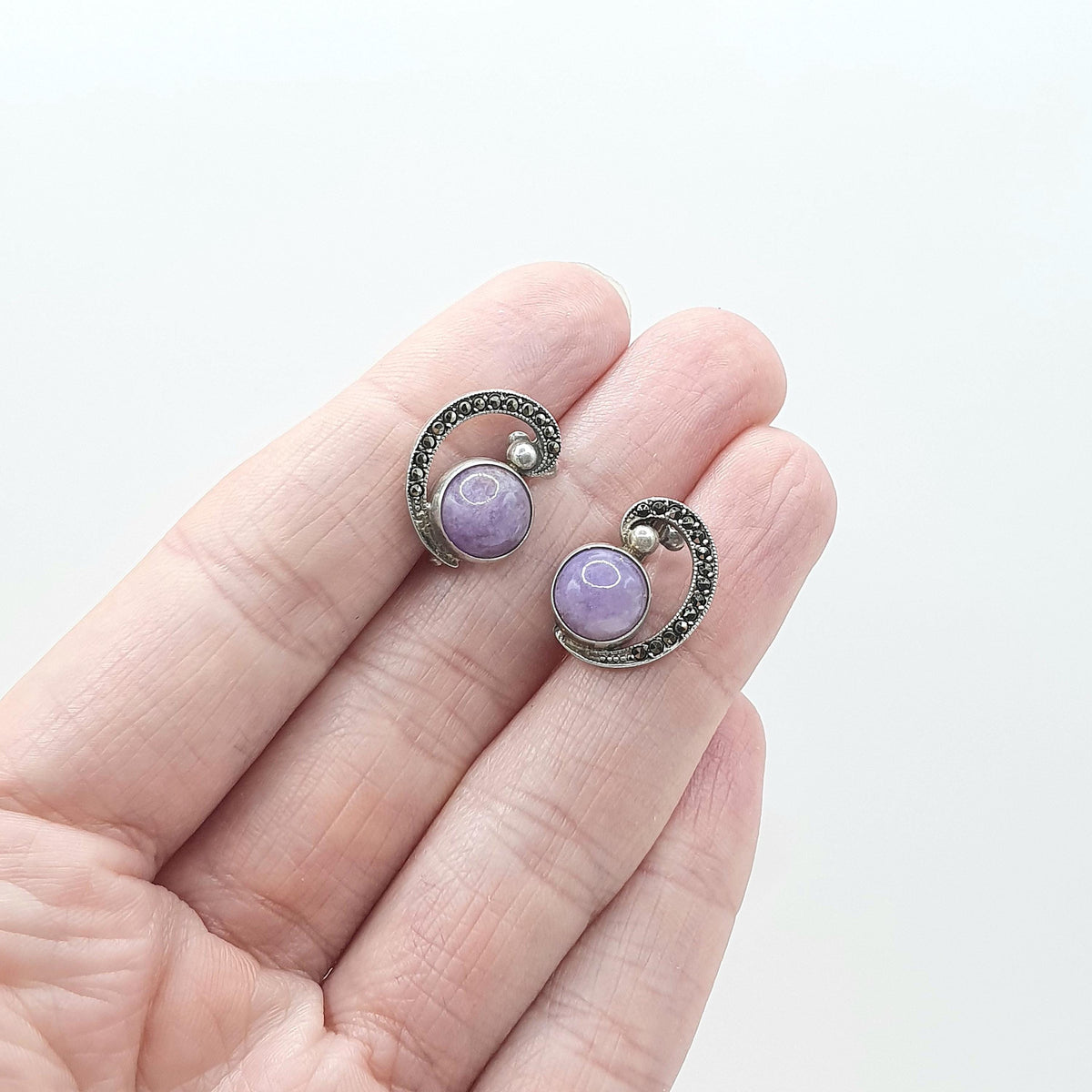 Antique Art Deco Solid Silver Amethyst & Marcasite Earrings Swirl Genuine Quartz Purple Gemstone Clip On Womens Jewelry Jewellery
