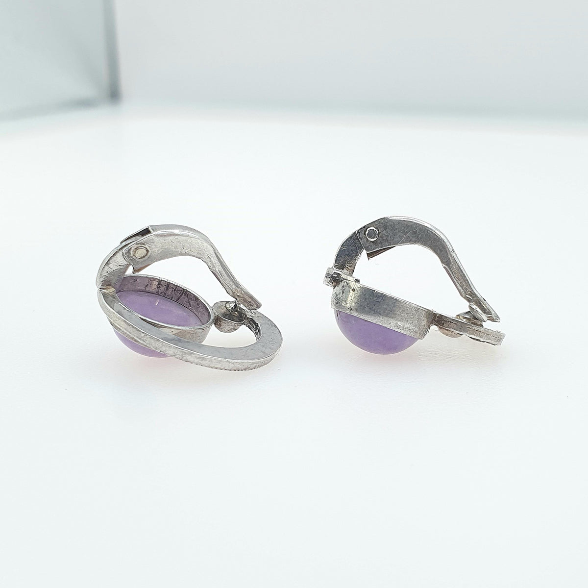 Antique Art Deco Solid Silver Amethyst & Marcasite Earrings Swirl Genuine Quartz Purple Gemstone Clip On Womens Jewelry Jewellery
