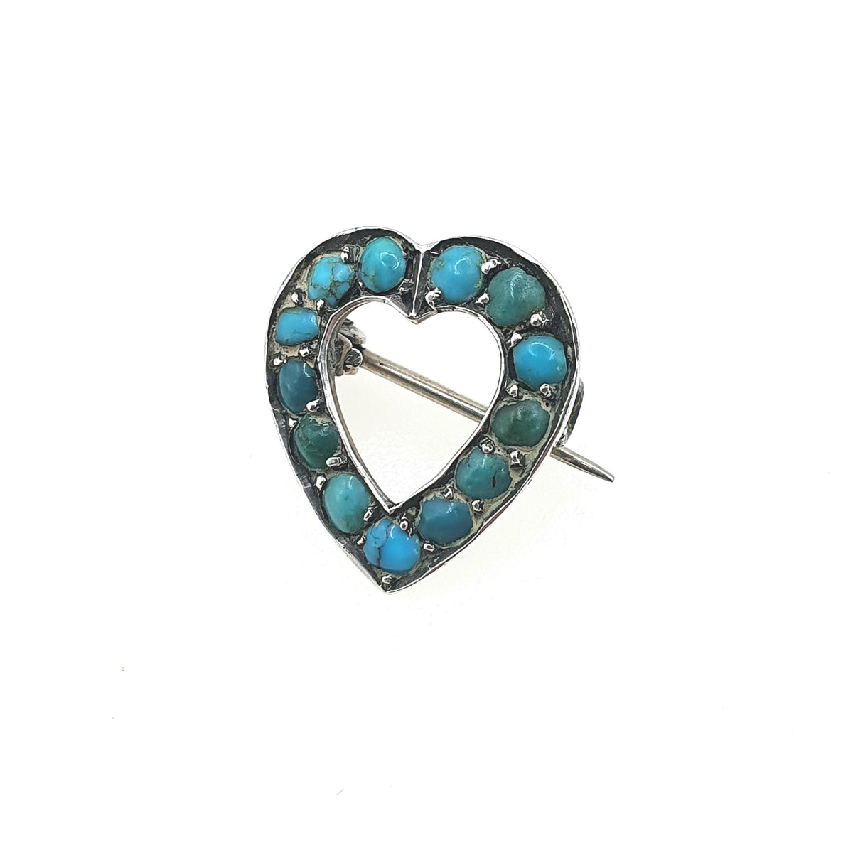 Antique Victorian Solid Silver Turquoise Heart Brooch Natural Gemstones Love Sweetheart Womens Jewelry Jewellery Vintage