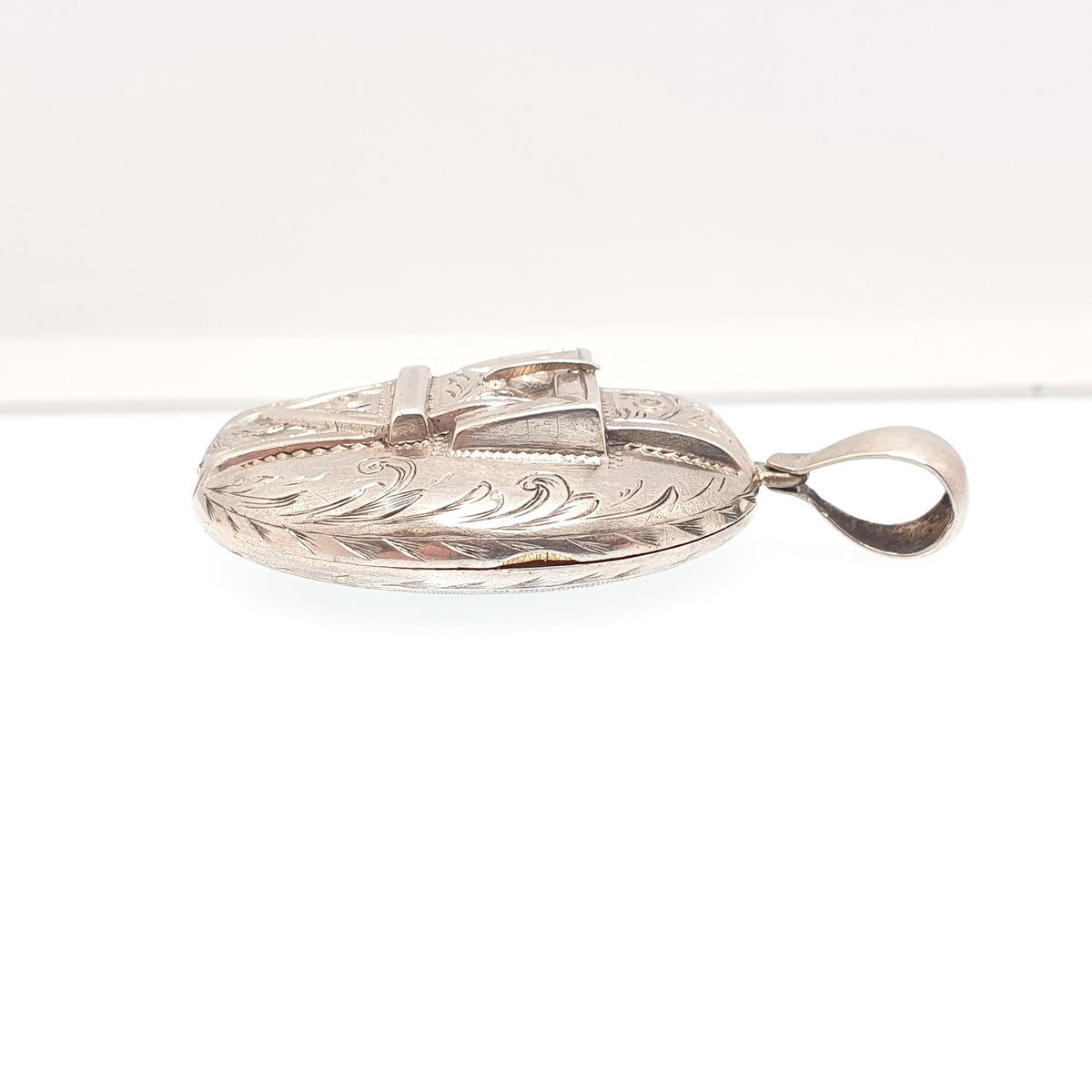 Antique Victorian Buckle Locket Silver Plate Large Big Hand Engraved Necklace Pendant Gift Picture Photo Oval Vintage Jewellery