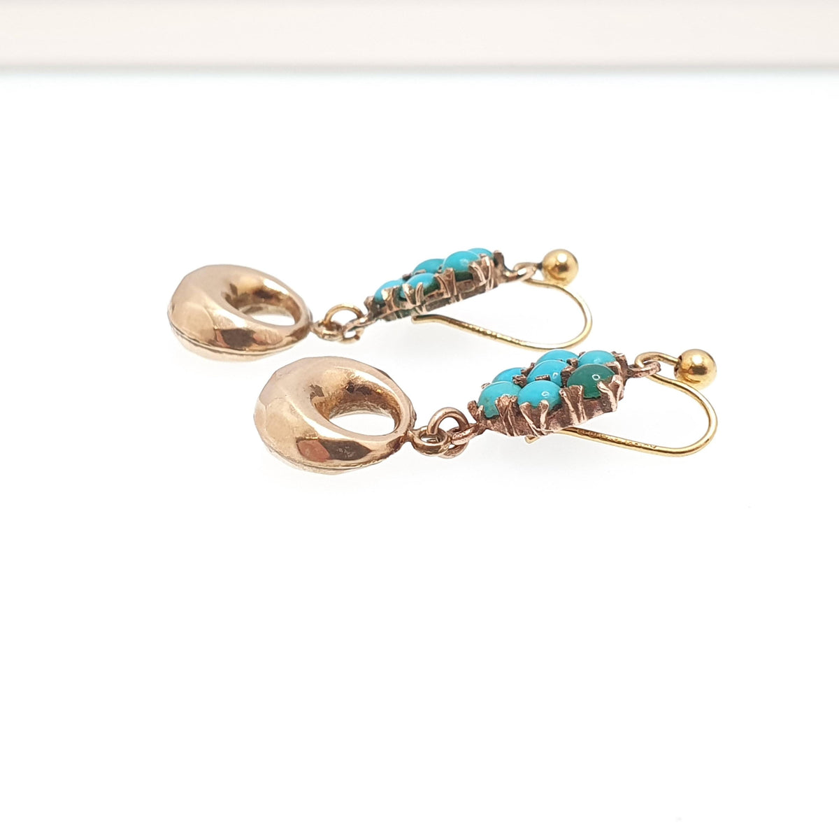 Antique Victorian 9ct Gold Turquoise Earrings Cluster Hook Drop Etruscan Hoop Dangle Solid 9k 9kt 1800s Vintage Jewelry Womens Jewellery