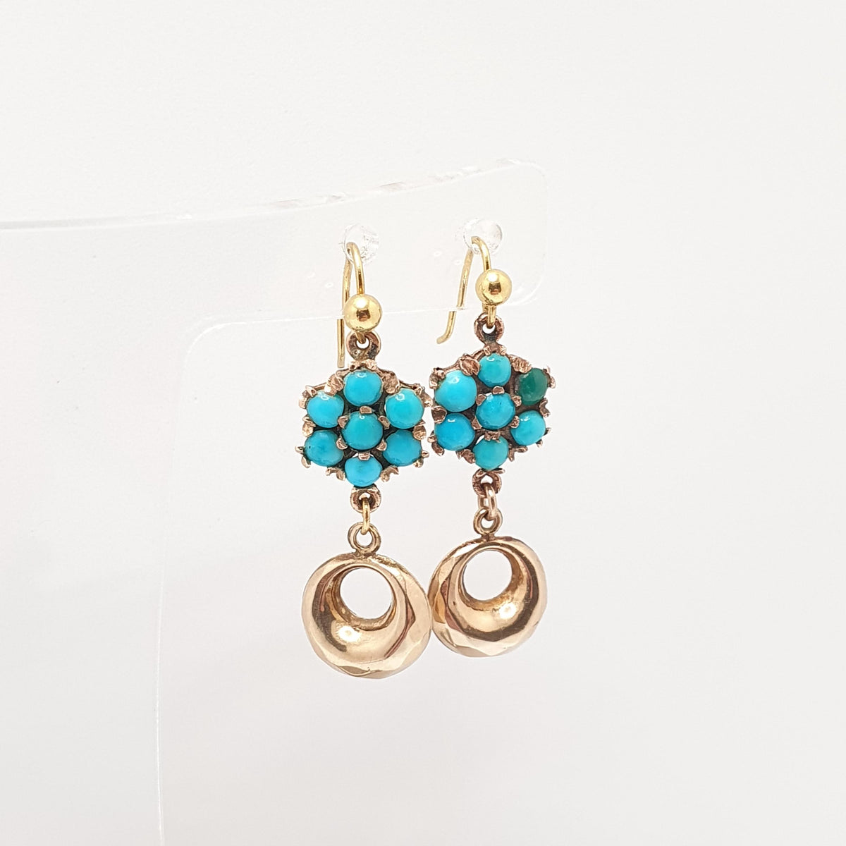 Antique Victorian 9ct Gold Turquoise Earrings Cluster Hook Drop Etruscan Hoop Dangle Solid 9k 9kt 1800s Vintage Jewelry Womens Jewellery
