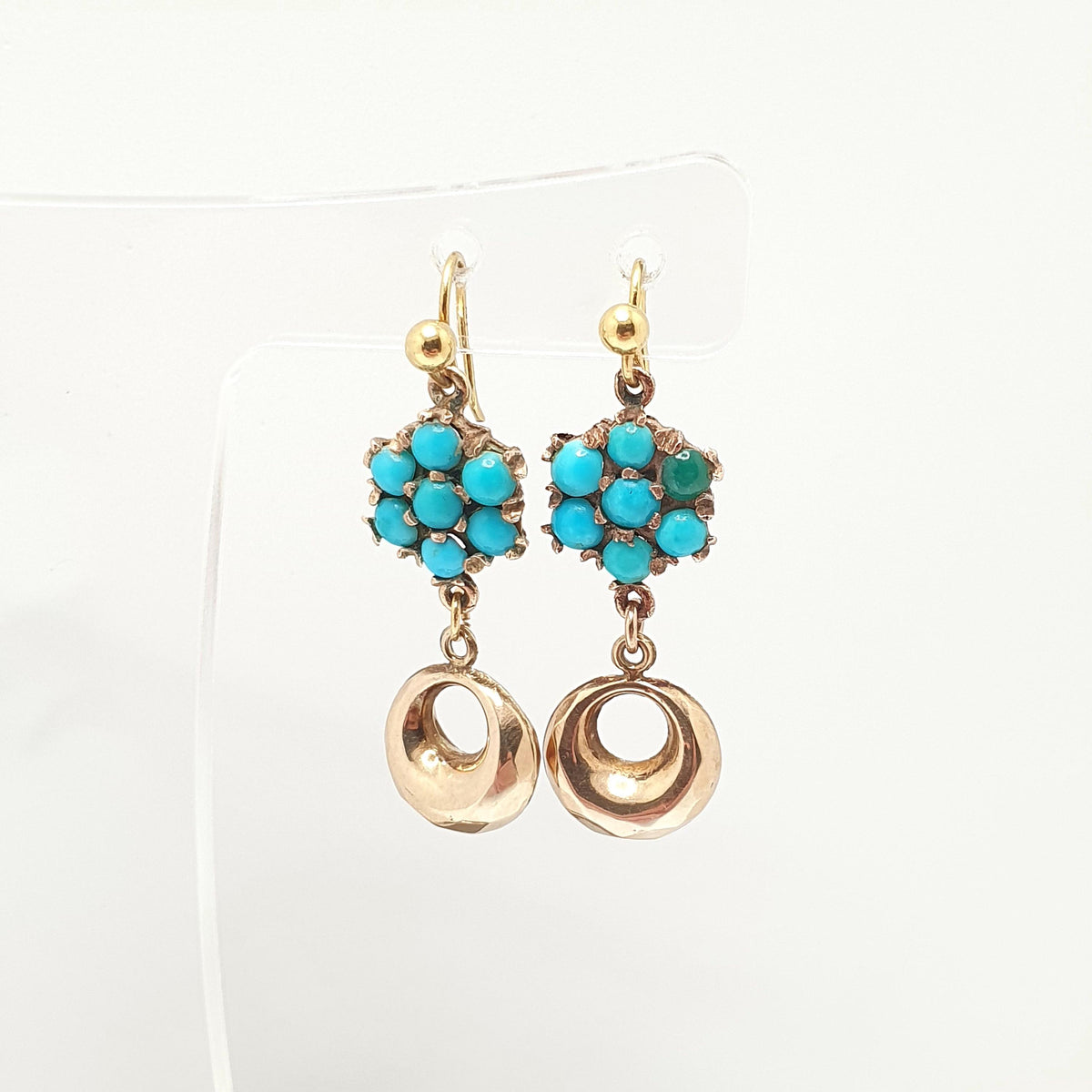Antique Victorian 9ct Gold Turquoise Earrings Cluster Hook Drop Etruscan Hoop Dangle Solid 9k 9kt 1800s Vintage Jewelry Womens Jewellery