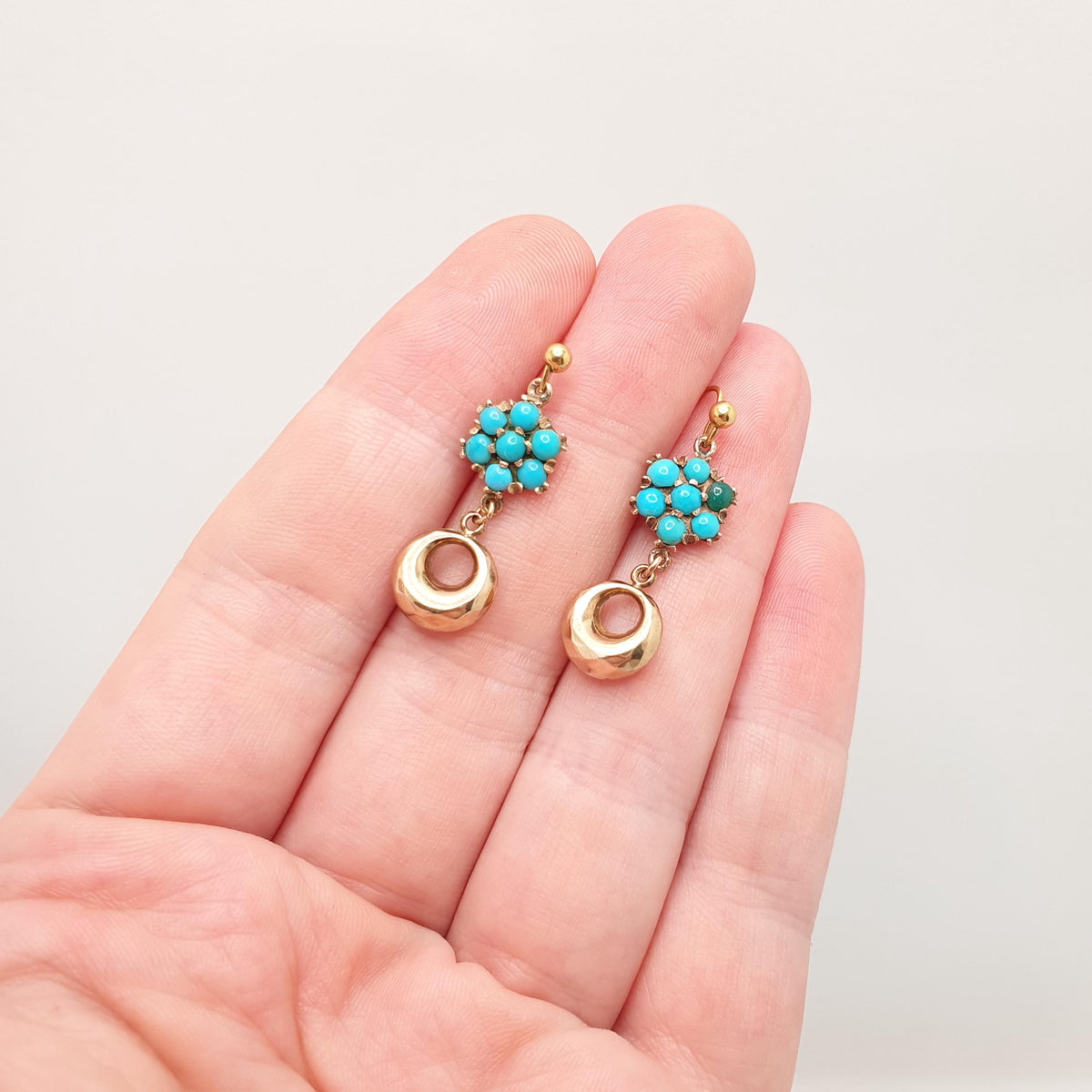 Antique Victorian 9ct Gold Turquoise Earrings Cluster Hook Drop Etruscan Hoop Dangle Solid 9k 9kt 1800s Vintage Jewelry Womens Jewellery
