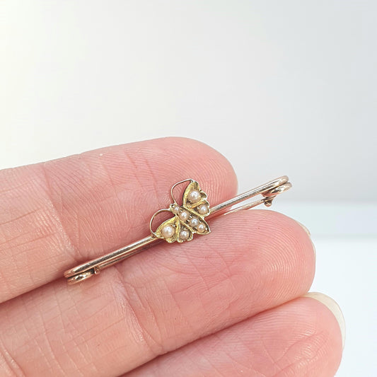 Antique Victorian 9ct Gold Butterfly Brooch Seed Pearl Solid 9k 9kt 375 Insect Bug Safety Pin Jewelry Jewellery Vintage Womens