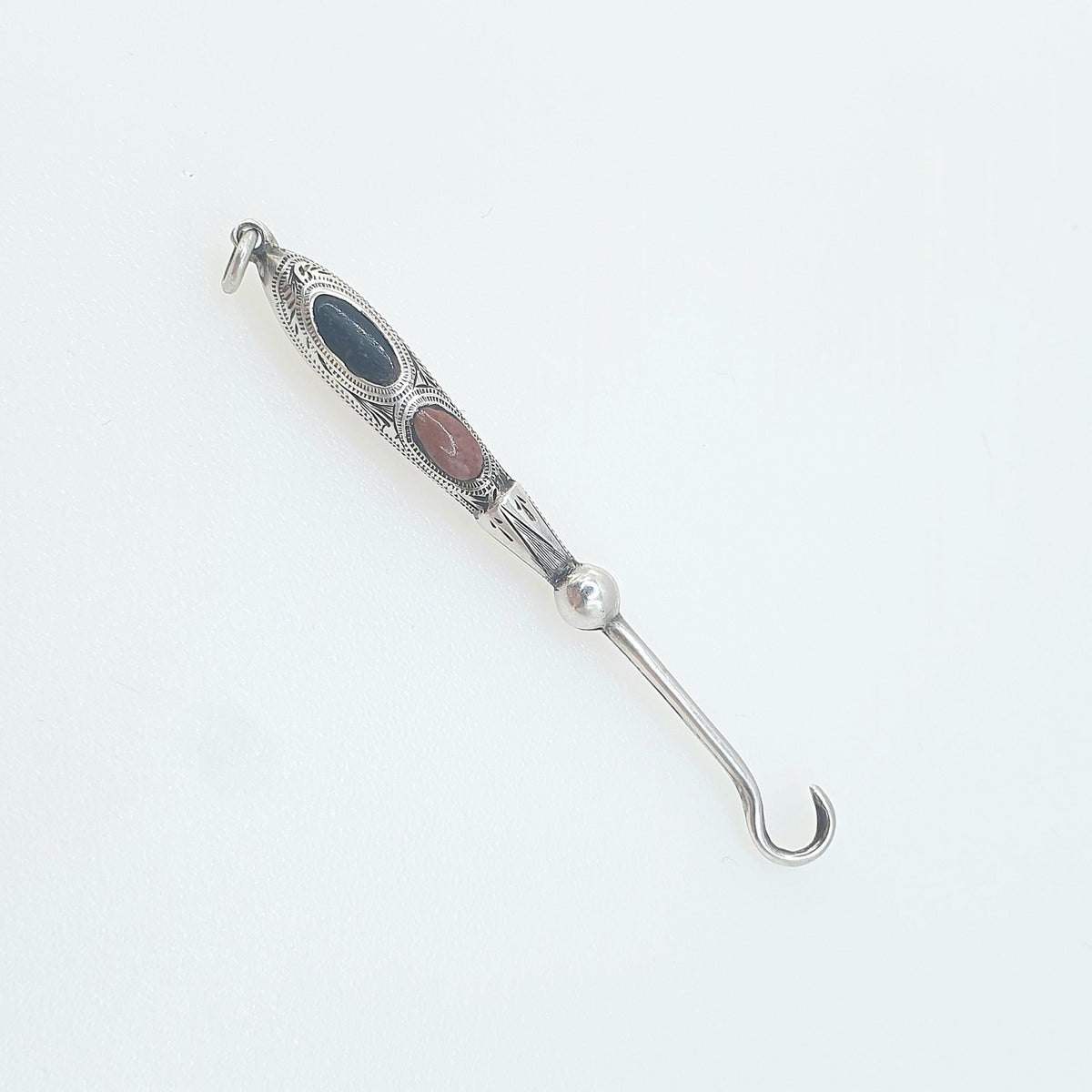 Antique Victorian Sterling Silver Bloodstone Buttonhook Pendant Necklace 1900 Button Hook Hallmark Red Jasper Scottish Vintage