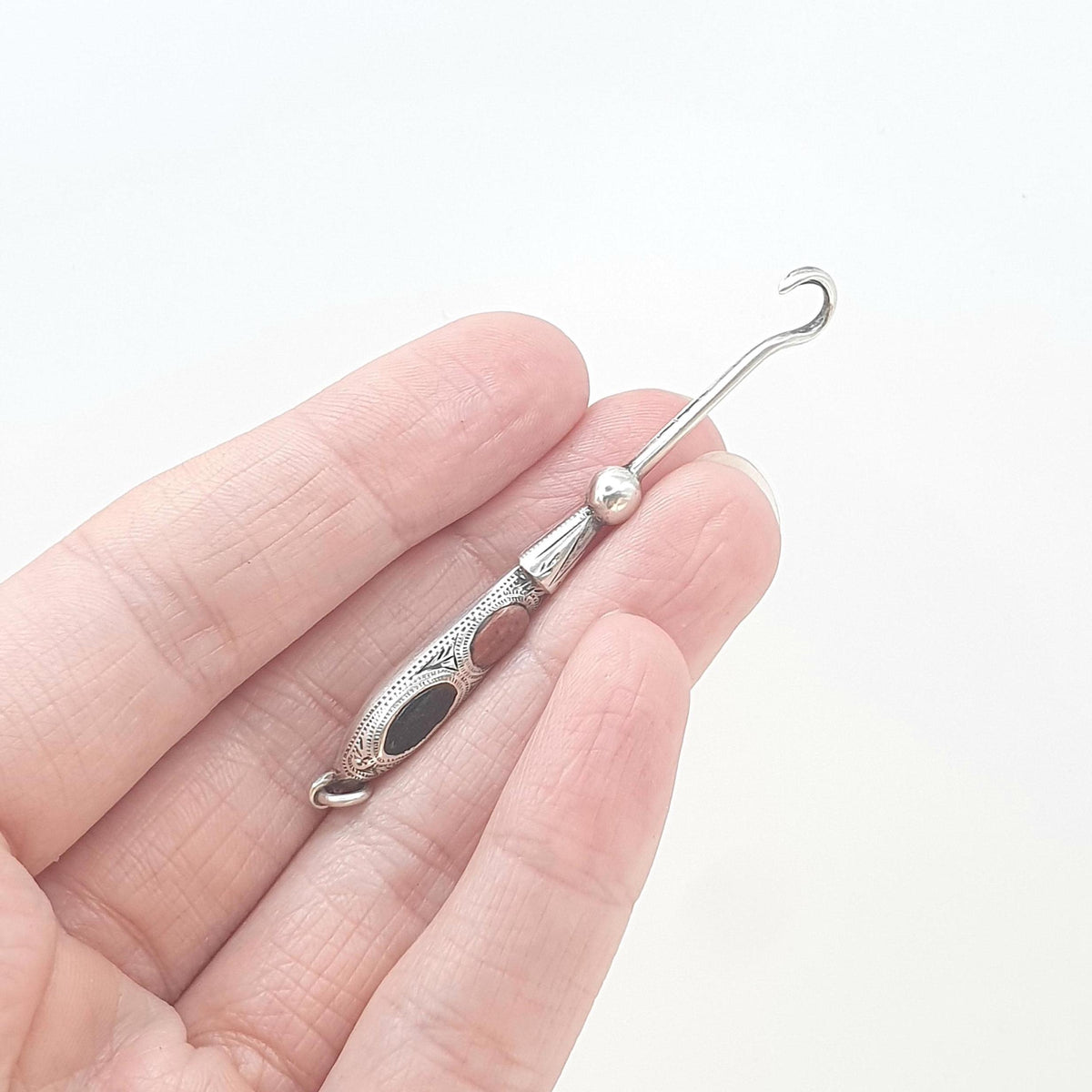Antique Victorian Sterling Silver Bloodstone Buttonhook Pendant Necklace 1900 Button Hook Hallmark Red Jasper Scottish Vintage