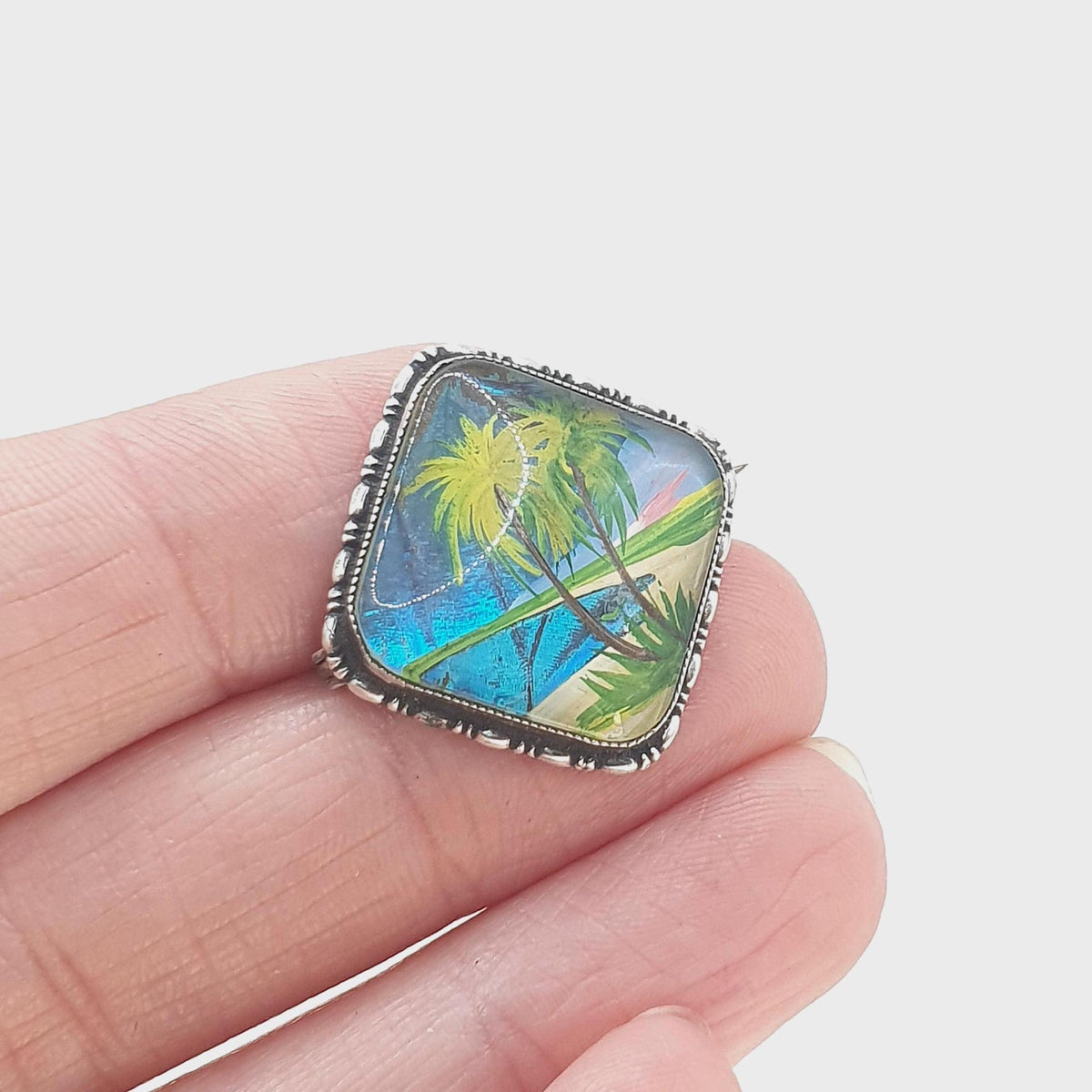Antique Sterling Silver Butterfly Wing Brooch Palm Tree Beach Scene TLM Thomas L Mott Handpainted Exotic Jewelry Vintage Insect Jewellery