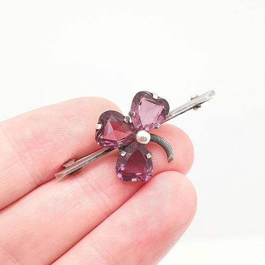Antique CHARLES HORNER Sterling Silver Clover Brooch Amethyst Paste 1905 Hallmark Chester Lucky Irish Pin Vintage 1900s Jewelry Jewellery