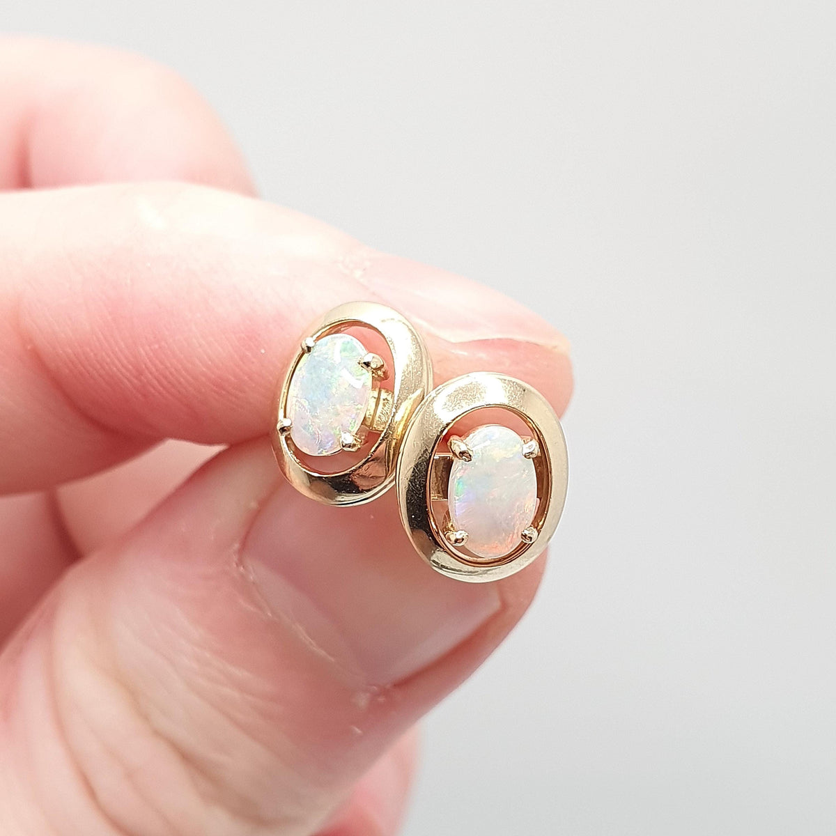 Vintage Opal 9k 9ct Gold Stud Earrings Solid 9 Carat 375 Fire White Large Oval Cut Cabochon Retro Gemstone Womens Ladies Jewelry Jewellery