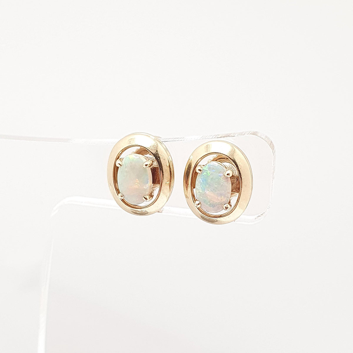 Vintage Opal 9k 9ct Gold Stud Earrings Solid 9 Carat 375 Fire White Large Oval Cut Cabochon Retro Gemstone Womens Ladies Jewelry Jewellery